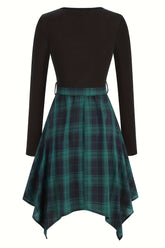 Schwarzes Vintage Kleid mit Rundhalsausschnitt und kariertem Spleißen mit langen Ärmeln und unregelmäßigem Saum